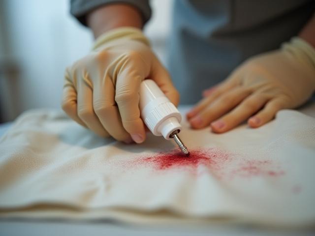 シミ抜き専門家の手がシミにアプローチ